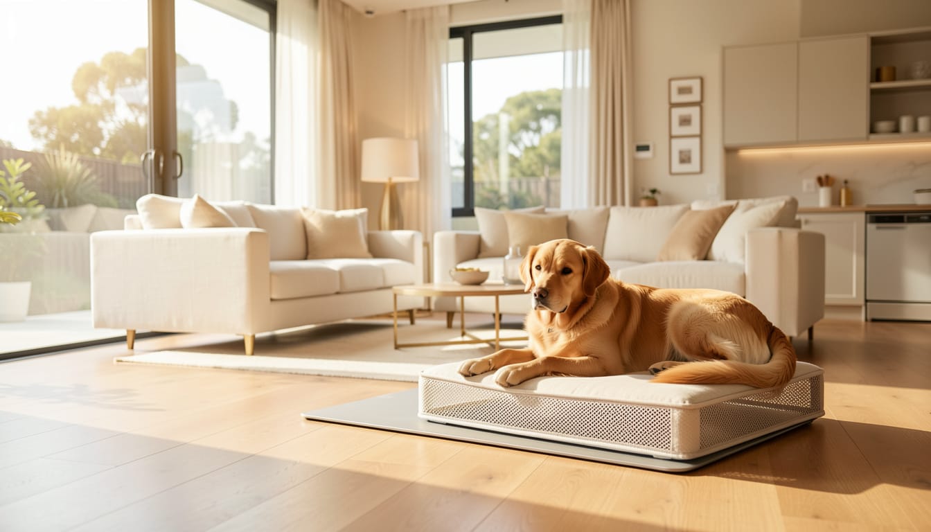 A warm, elegant lifestyle photograph for a luxury pet brand banner. A bright, modern Australian home interior
