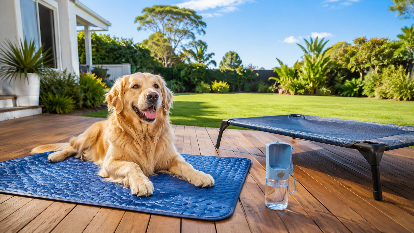 Ultra-photorealistic premium Shopify collection banner showcasing a happy dog enjoying summer comfort - Pawfectly Pets