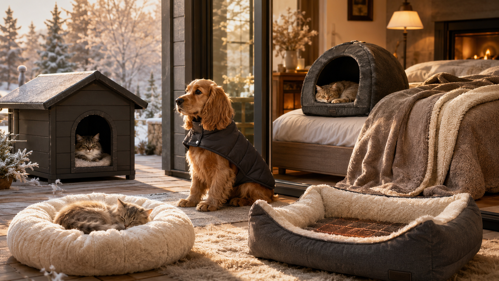 Photorealistic premium Shopify collection banner for a luxury pet winter gear collection | Pawfectly Pets