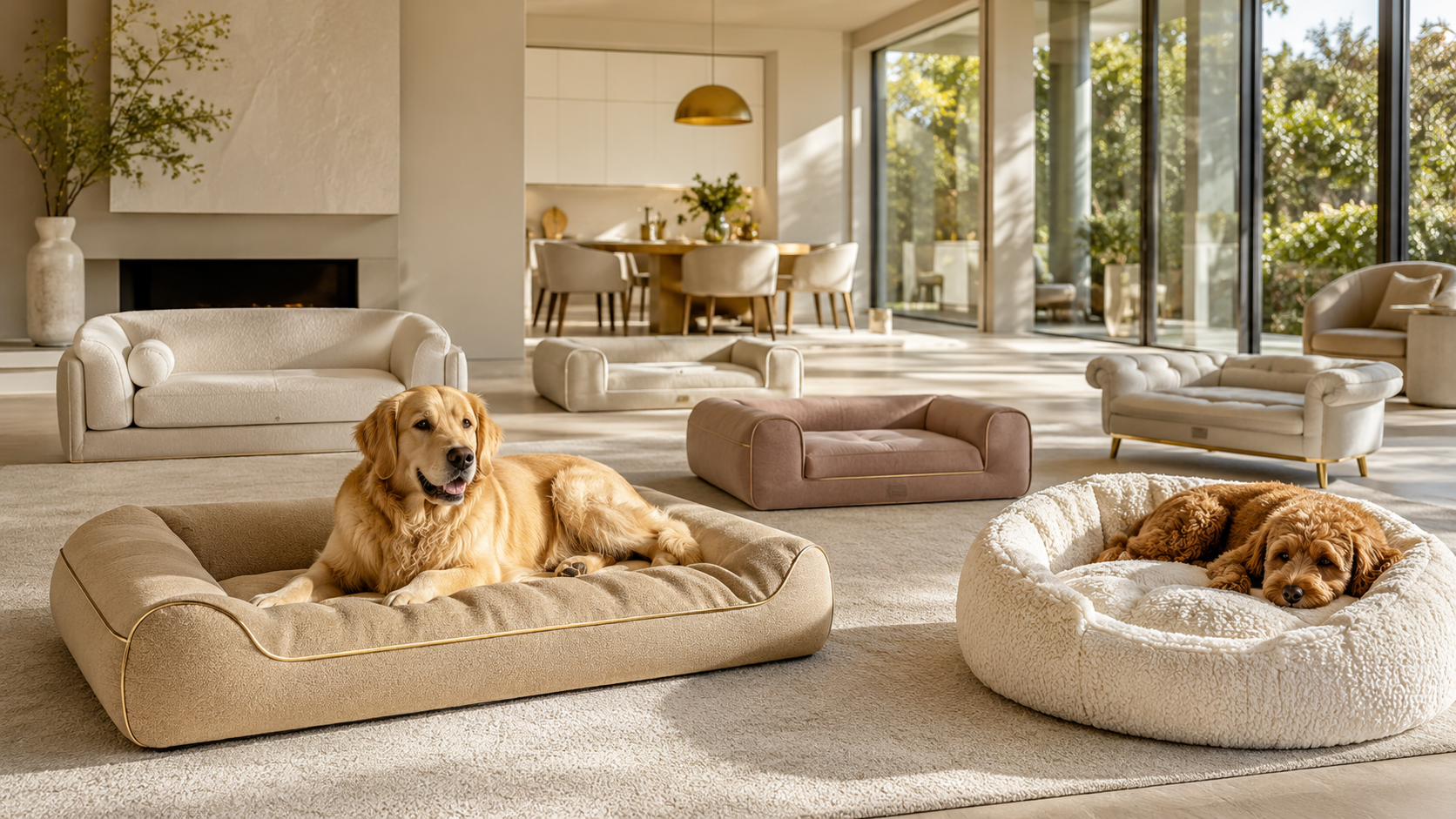 luxury pet furniture showroom inside a bright modern designer home, featuring premium luxury dog beds - Pawfectly Pets