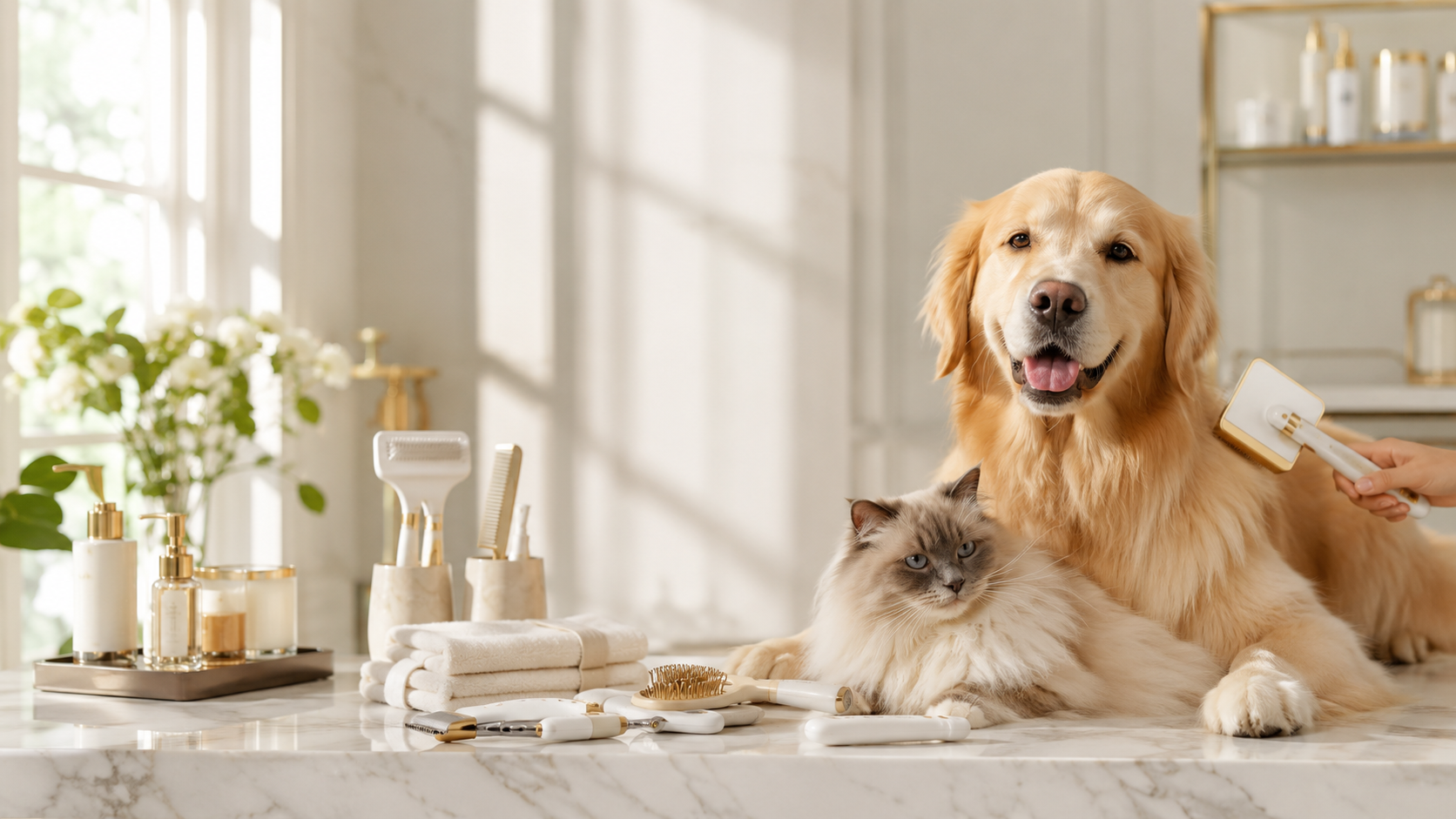 Luxury pet grooming scene inside a sophisticated modern home with warm natural sunlight streaming through large windows - Pawfectly Pets