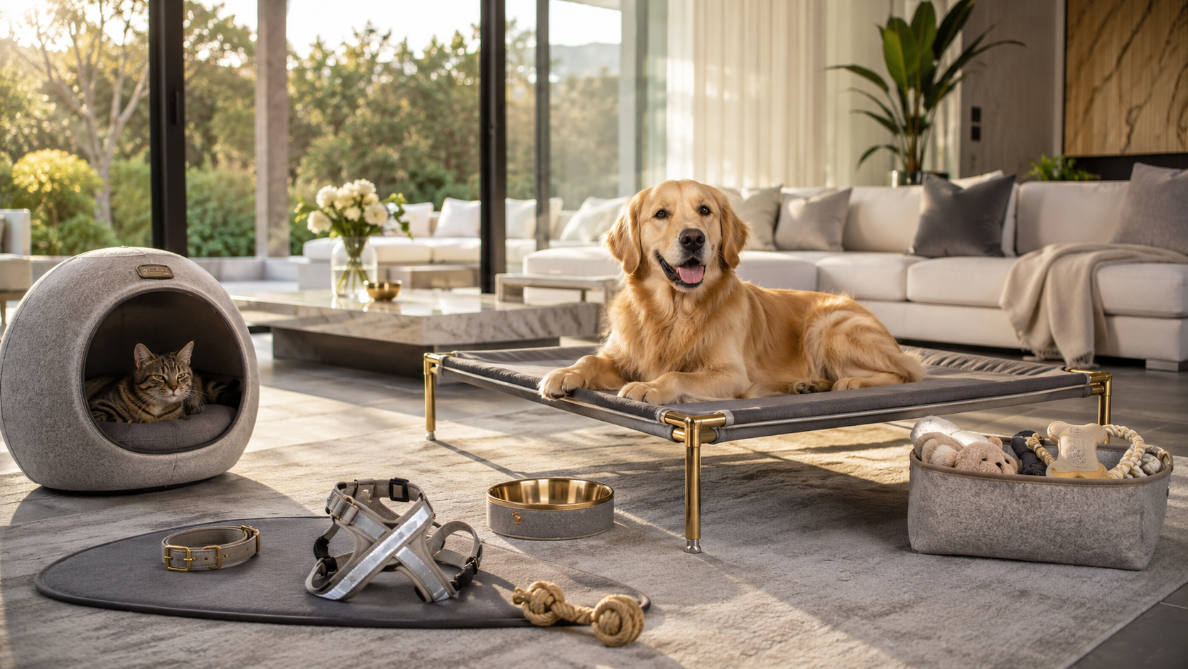 luxury pet lifestyle banner, elegant modern Australian home interior with warm natural sunlight streaming through large floor-to-ceiling windows - Pawfectly Pets