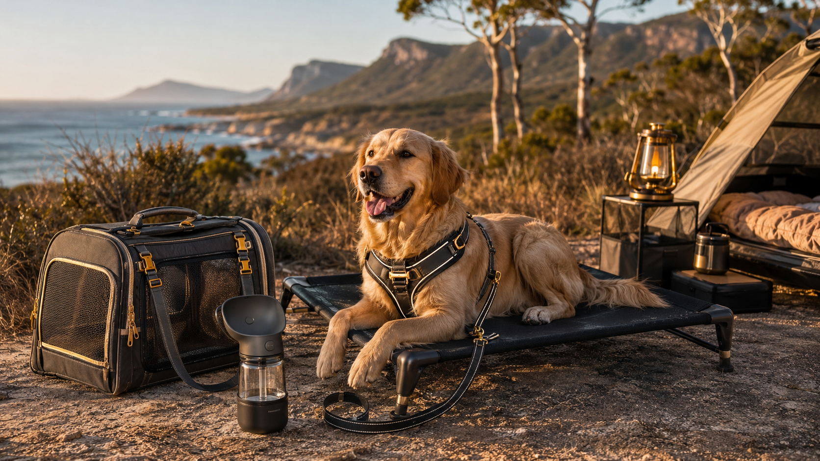 outdoor pet adventure scene featuring a happy golden retriever relaxing on a luxury elevated travel dog bed beside a modern camping setup - Pawfectly pets