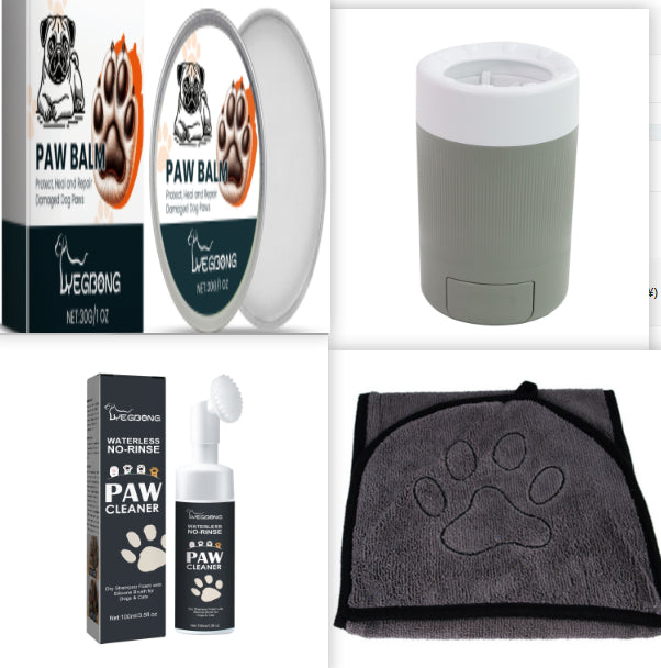 Collection of pet care products including paw balm, cleaner, and towel on a white background