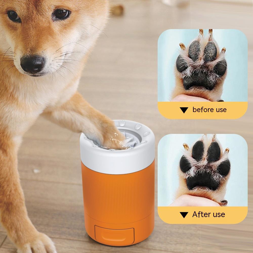 Dog using an orange paw cleaner with before and after images of a paw.