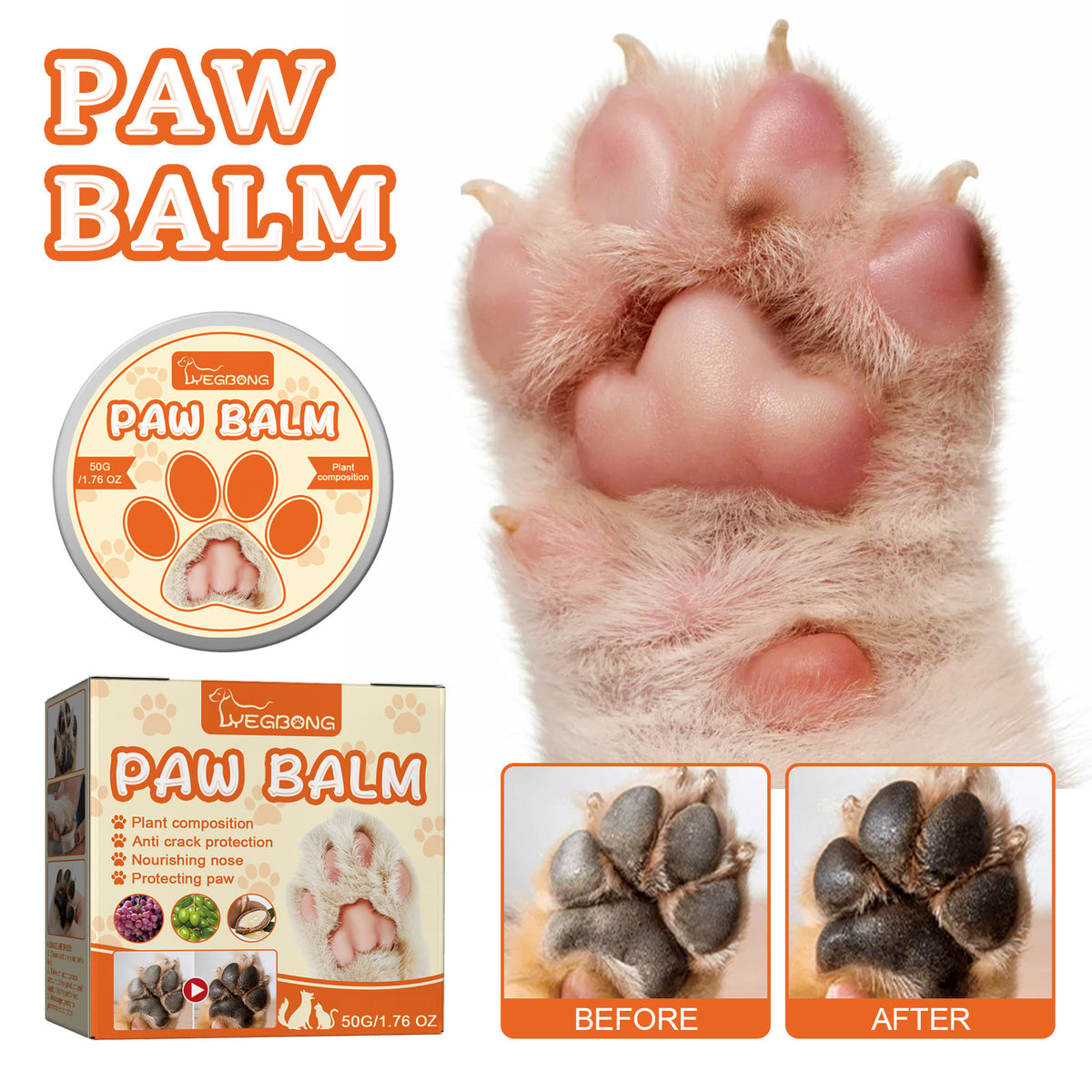 Cat paw balm packaging with a cat paw and 'Before'/'After' comparison on a white background.