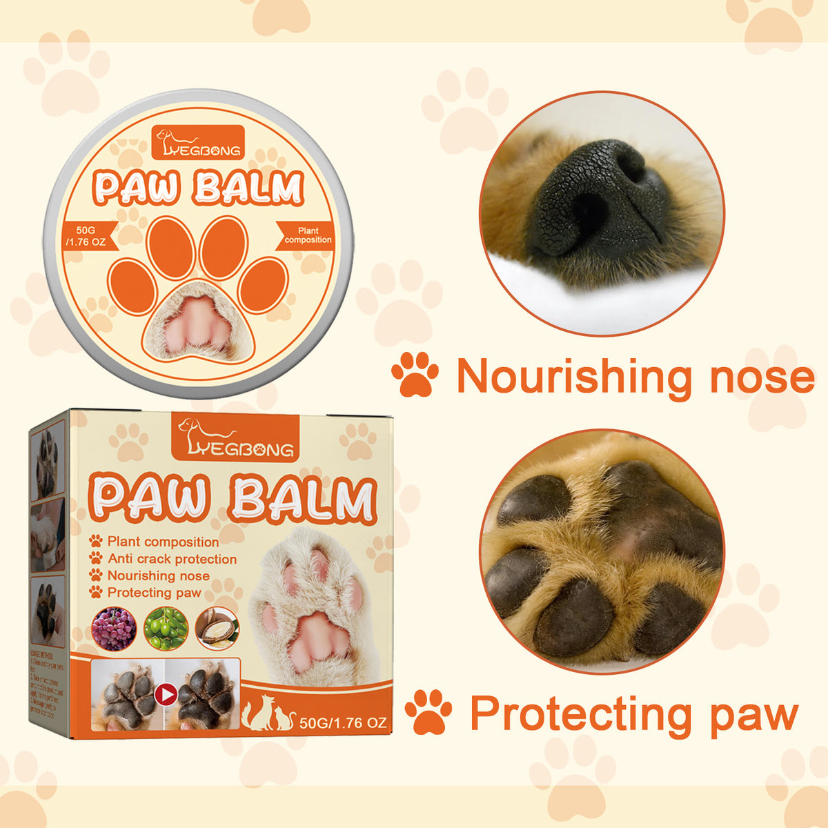 Lwegbong paw balm packaging with images of a dog's paw and nose on a beige background.