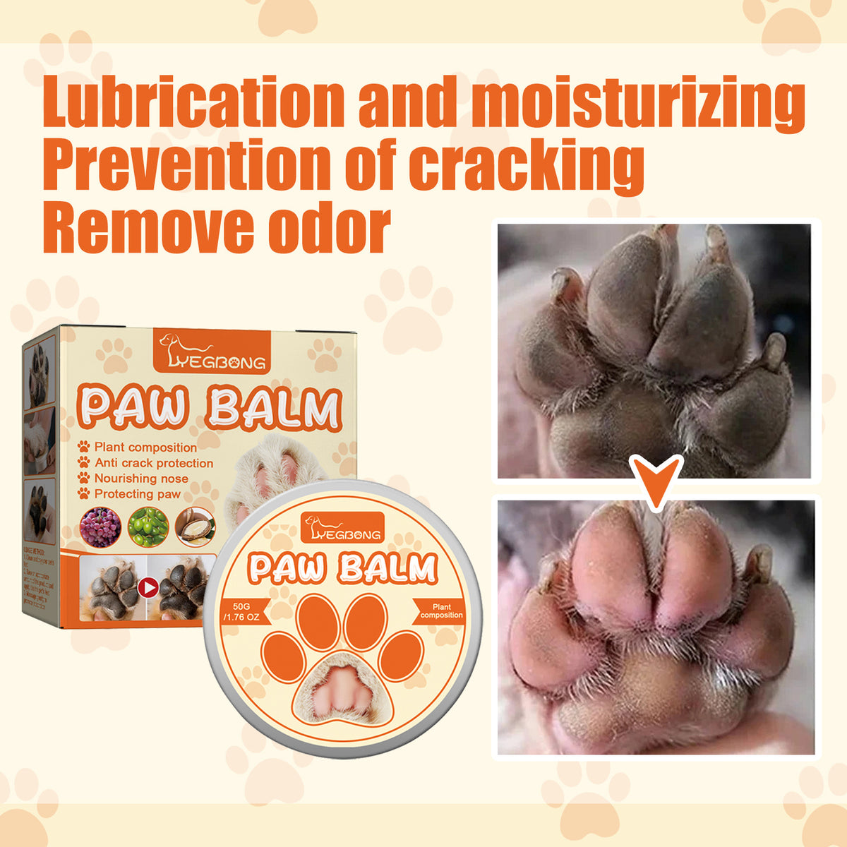 Dog paw balm packaging with text on a light background