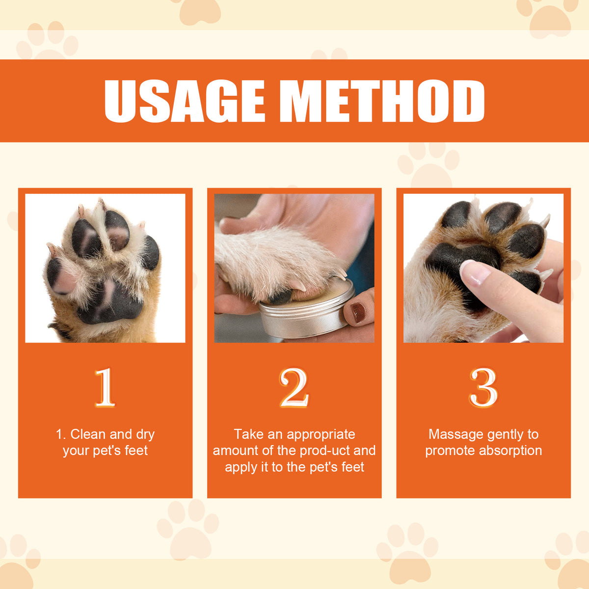 Instructions for using a pet foot care product with images and text.