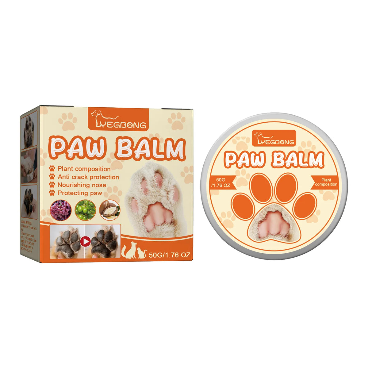 A box and round tin of Weggons Paw Balm shown on a plain white background. The packaging features orange paw print graphics, text highlighting benefits like anti-crack protection and nourishing paw cells, and a photo of a cat's paws.