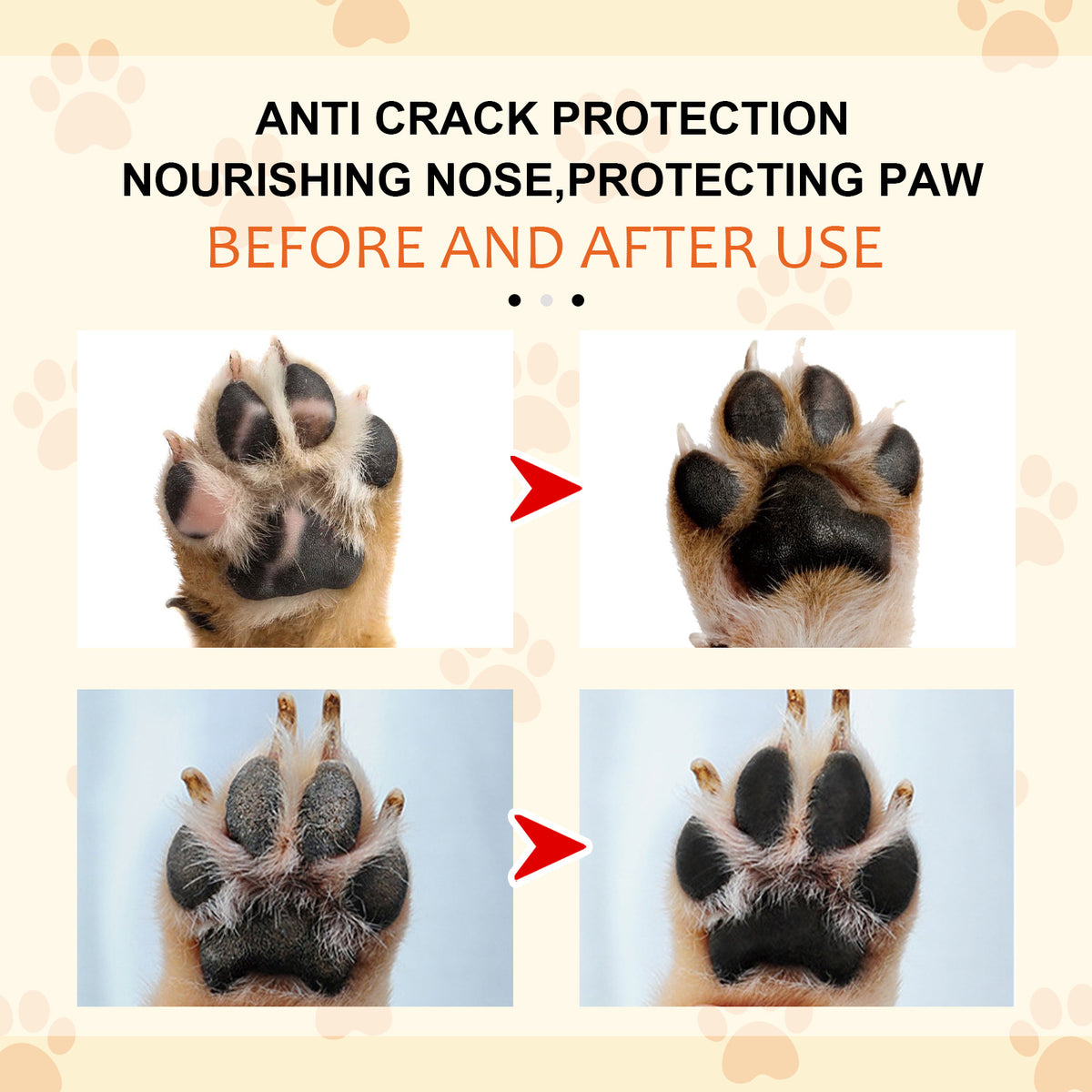 Before and after use of anti-crack protection for a dog's paw on a beige background.