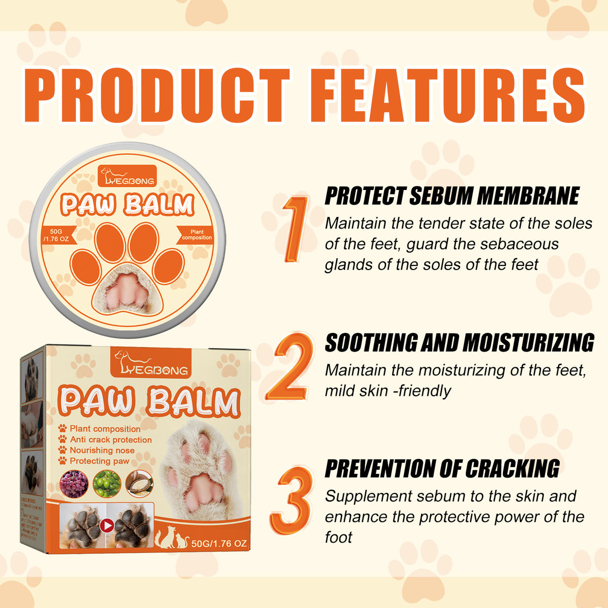 Product features of a paw balm with text on a light background