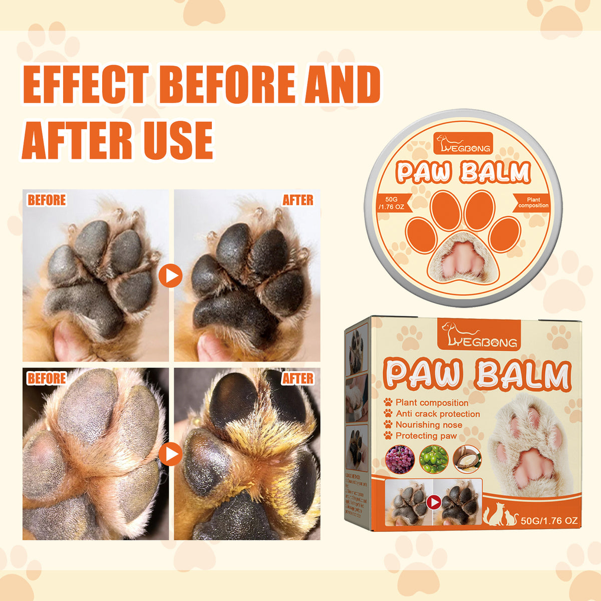 Promotional graphic for Leggoongs Paw Balm showing before-and-after close-up photos of dog paw pads, alongside the round tin and box packaging on a light beige background with orange paw-print motifs.