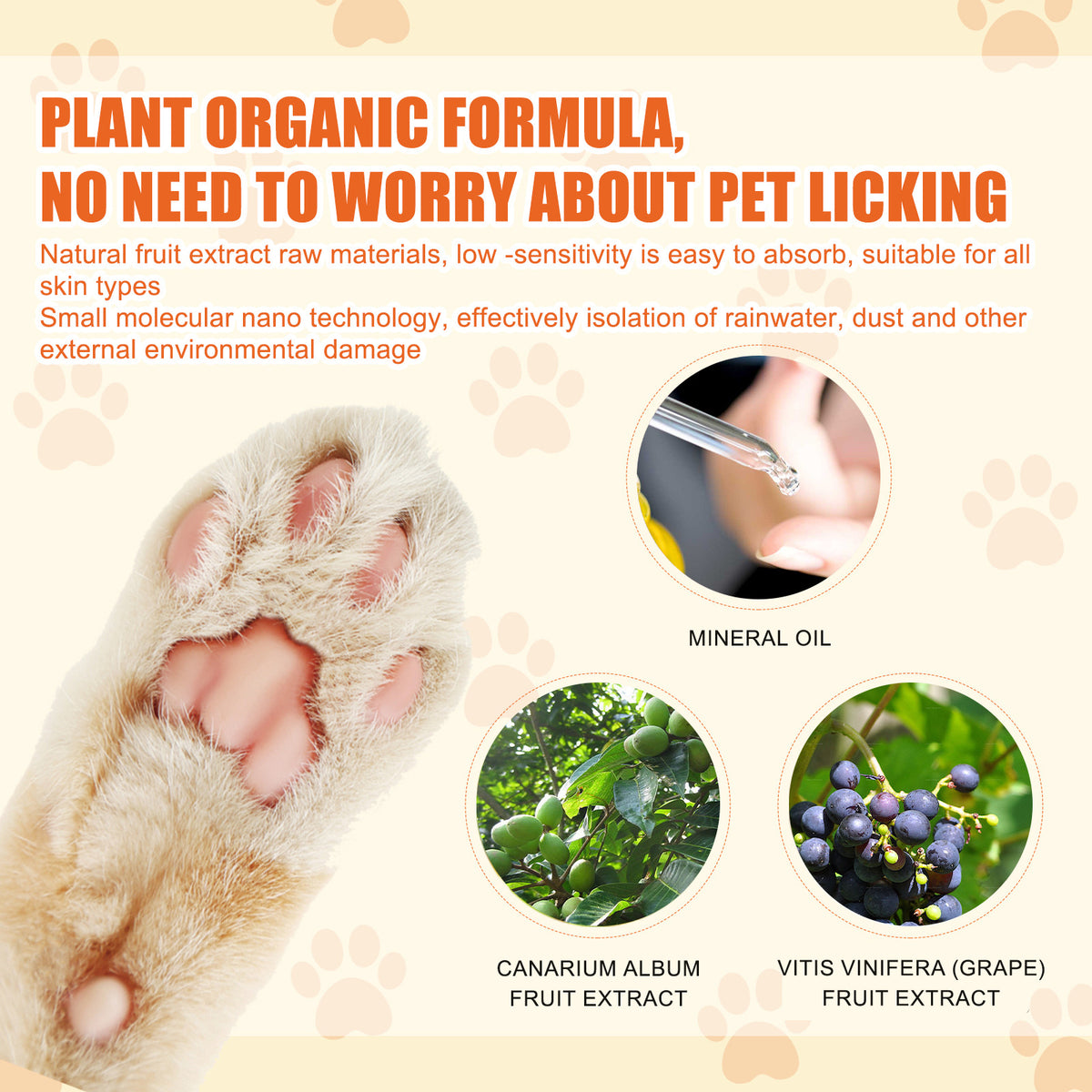 Product advertisement for pet care with a paw image, text about plant organic formula, and images of natural ingredients.