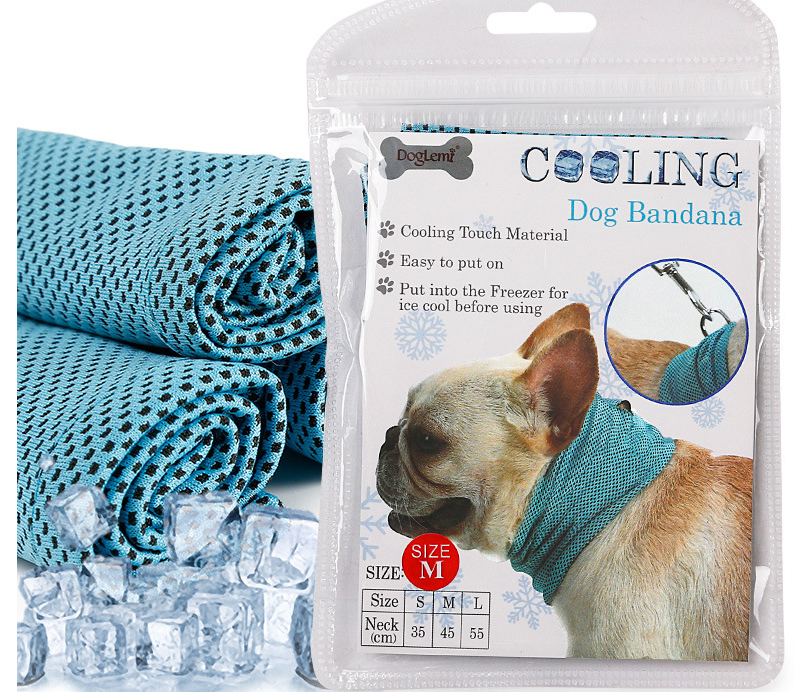 Cooling dog bandana with packaging showing a dog wearing the bandana and ice cubes.