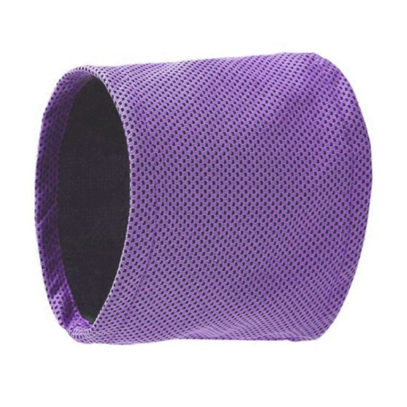 Purple cylindrical object with mesh texture on a white background