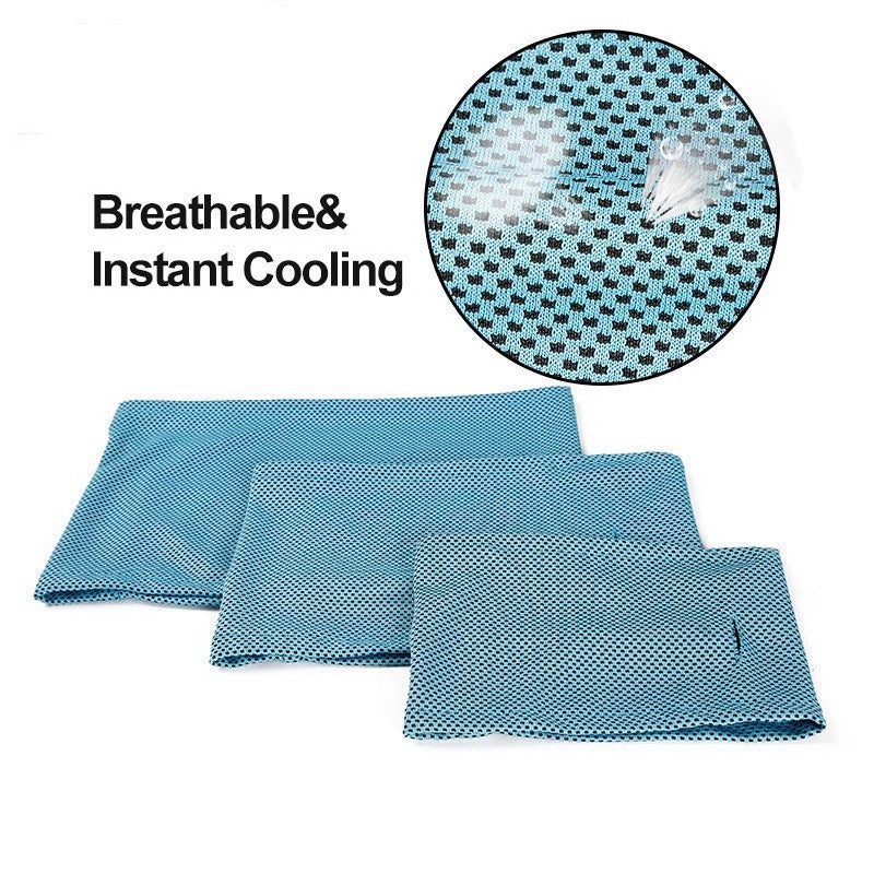 Blue cooling towel with text 'Breathable & Instant Cooling' on a white background