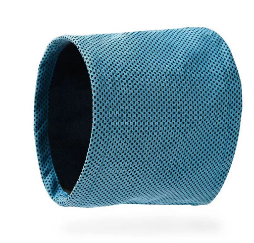 A teal blue mesh cylindrical sleeve or tube with a black interior, shown floating against a solid white background.