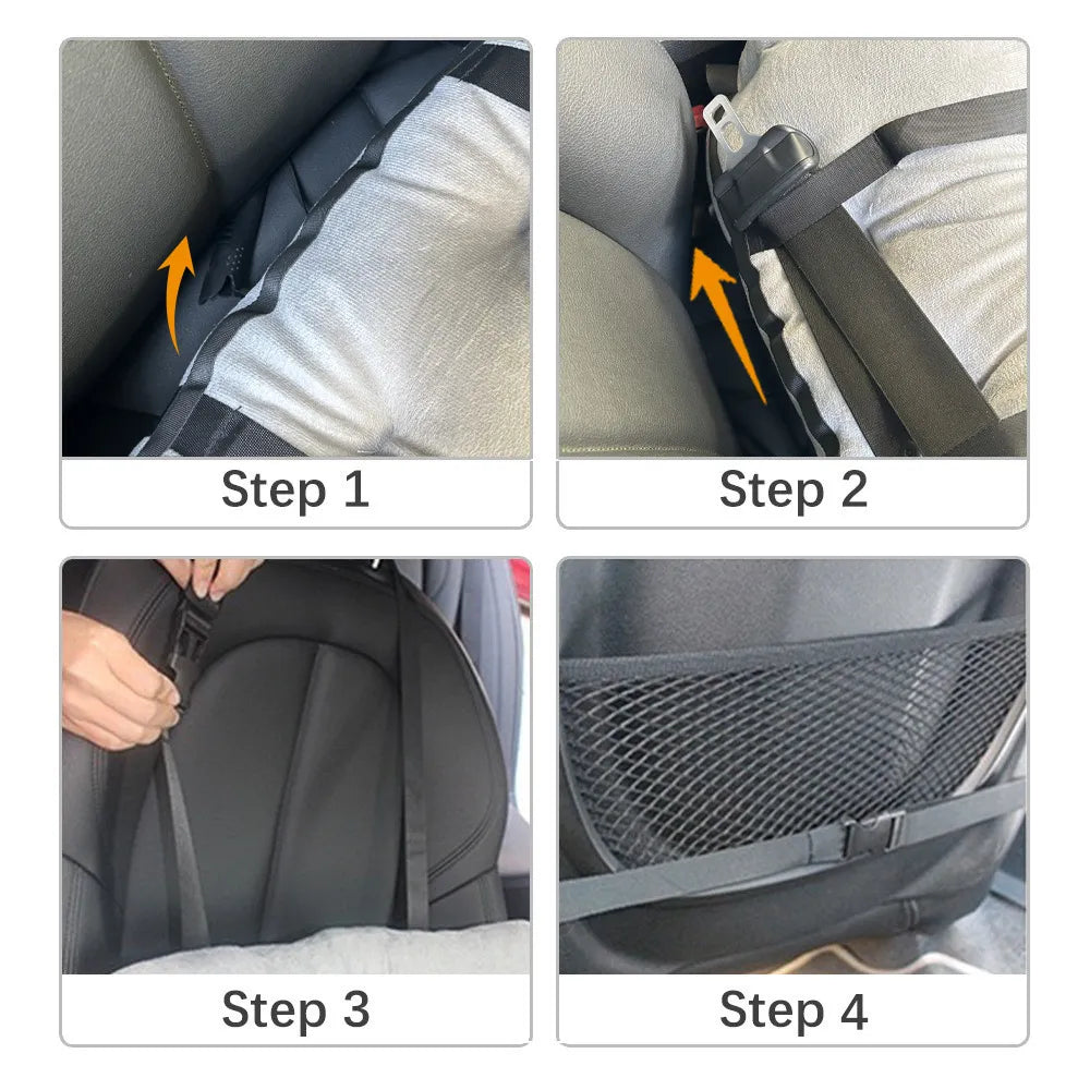 Four-panel instruction diagram showing how to install a car seat belt anchor or harness on a gray vehicle seat. Step 1 shows the strap placement with an arrow, Step 2 shows the buckle area, Step 3 shows a hand fastening the strap, and Step 4 shows the black mesh pocket on the back of the seat.