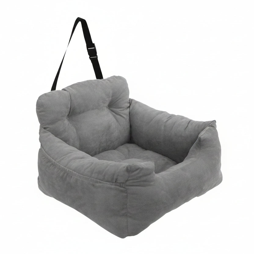 Gray pet carrier with dimensions on a white background