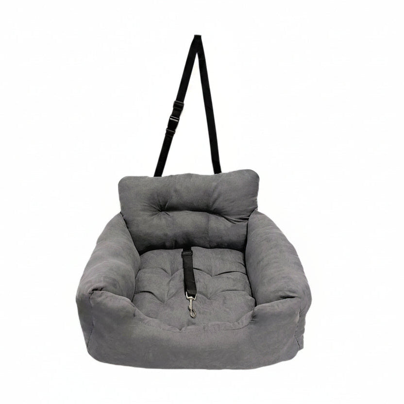 Gray pet car seat with  straps and measurements on a white background
