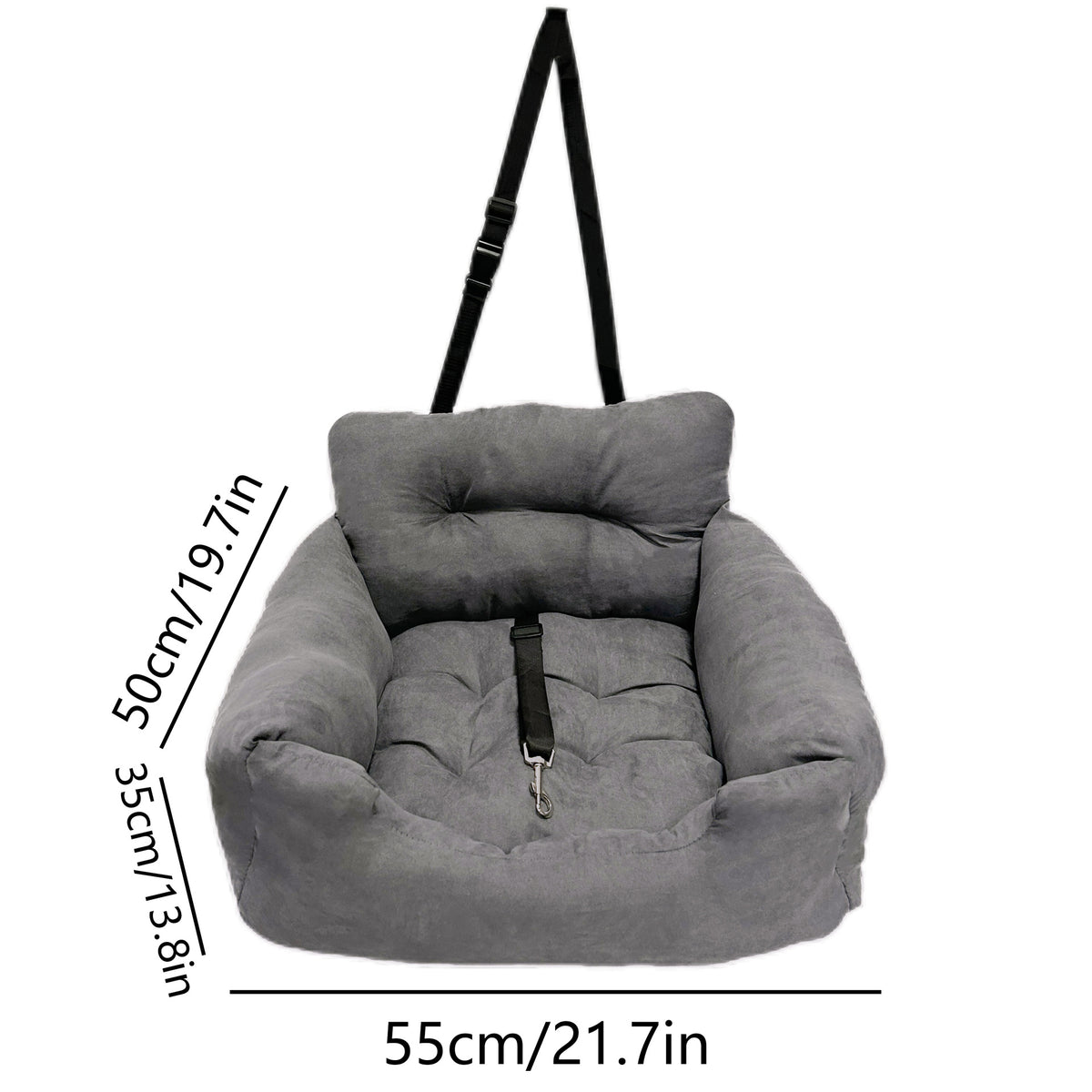 Gray pet car seat with straps and measurements on a white background
