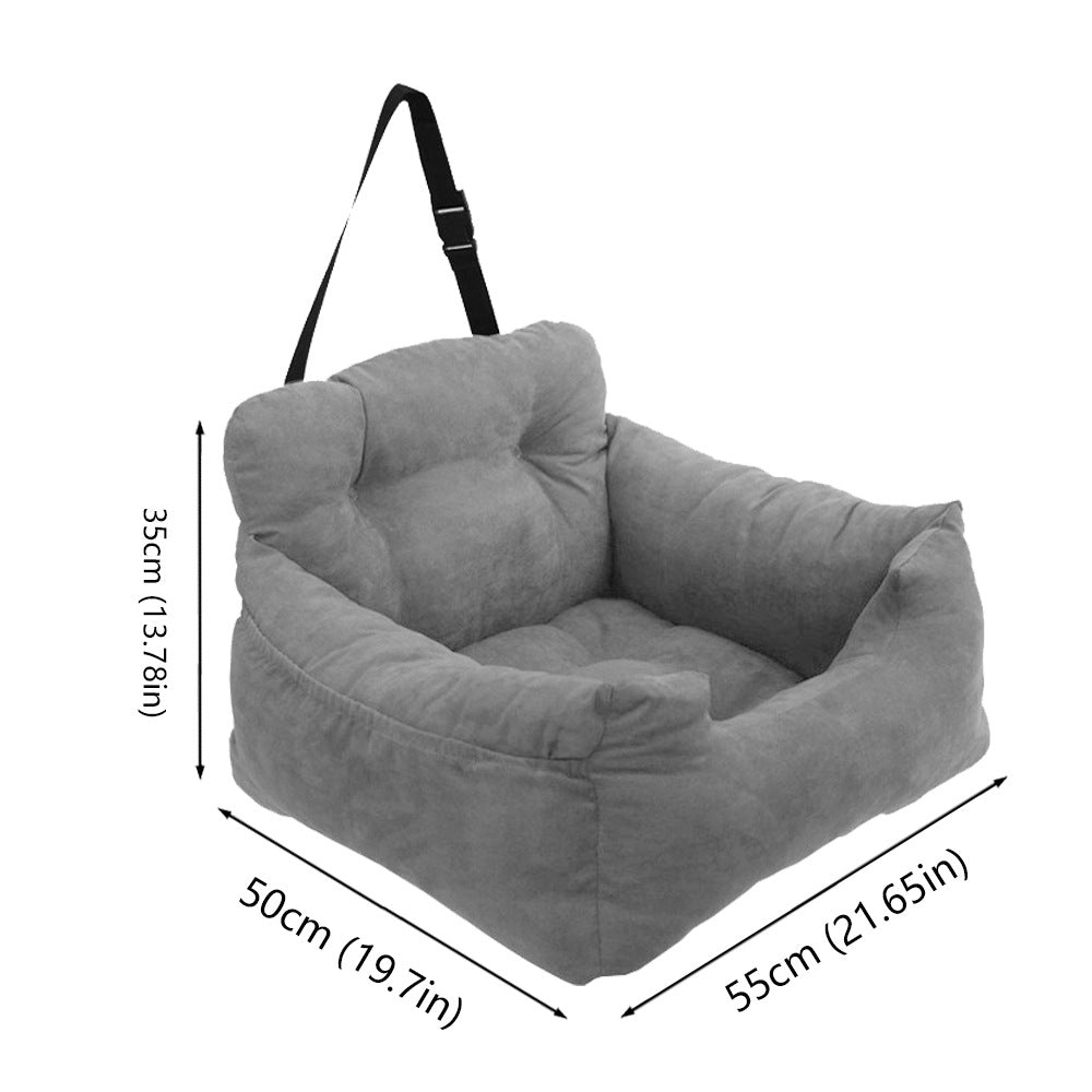 Gray pet carrier with dimensions on a white background