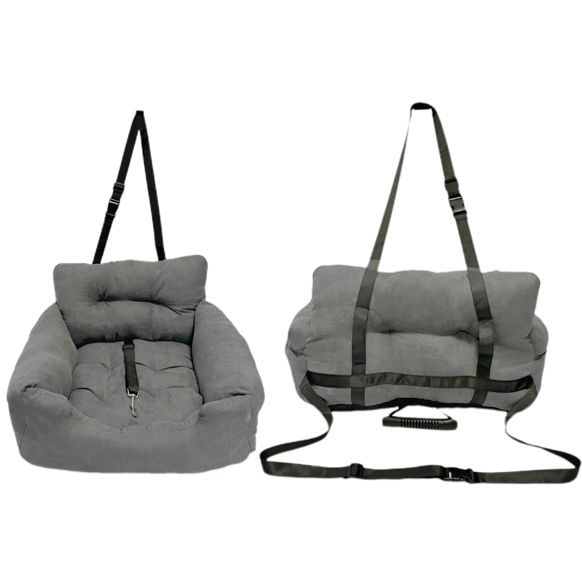 Gray cushioned chair with straps on a white background