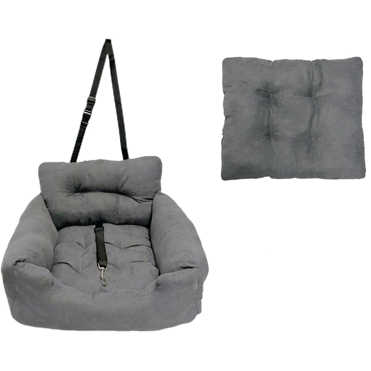 Gray pet bed with straps and two gray cushions on a white background