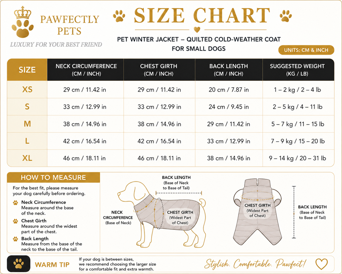 A size chart infographic for Pawfectful Pets pet winter jackets, showing a table with neck, chest girth, back length, and suggested weight measurements for sizes XS through XL, plus small illustrated dog diagrams explaining how to measure.