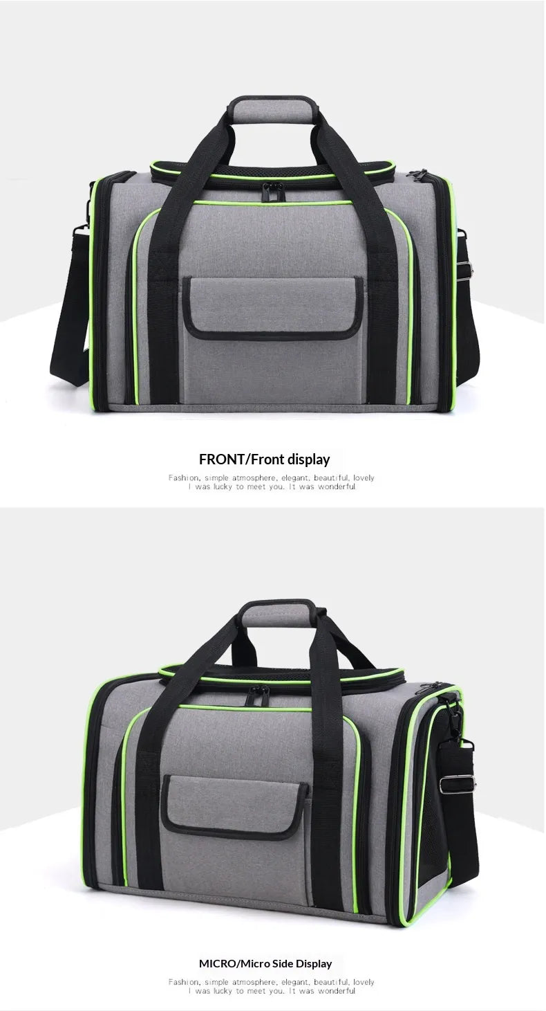 A gray and black pet travel bag with lime green piping, shown from two angles: a front-facing view labeled 'FRONT/Front display' and a side view labeled 'MICRO/Micro Side Display'.