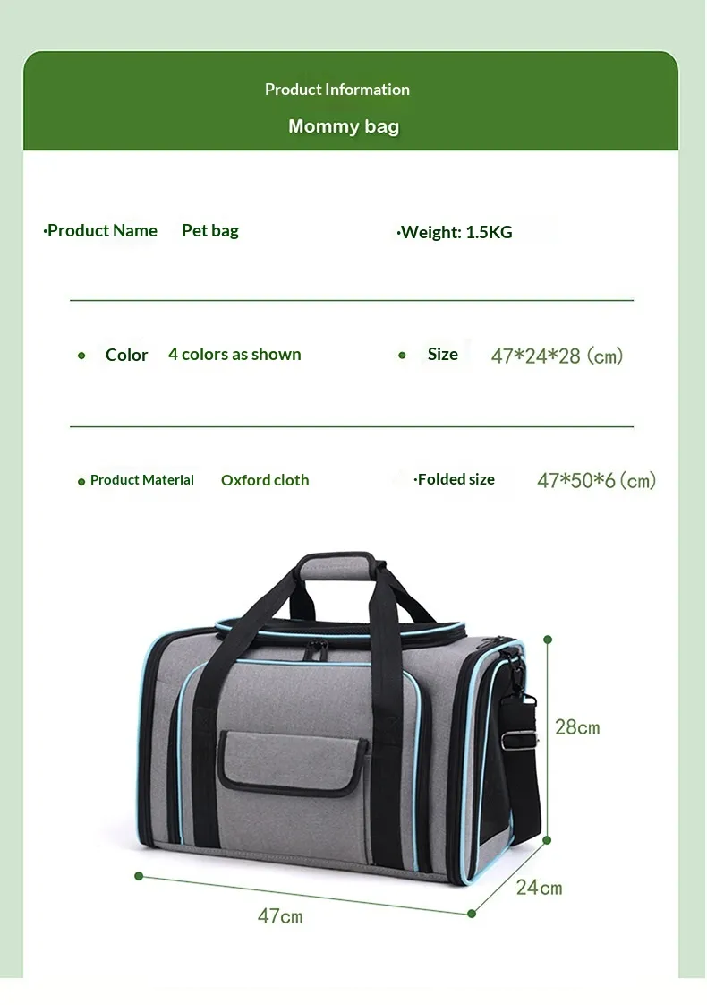 A gray pet carrier bag with black and light blue trim, shown below a green header containing product information including size, weight, and dimensions.