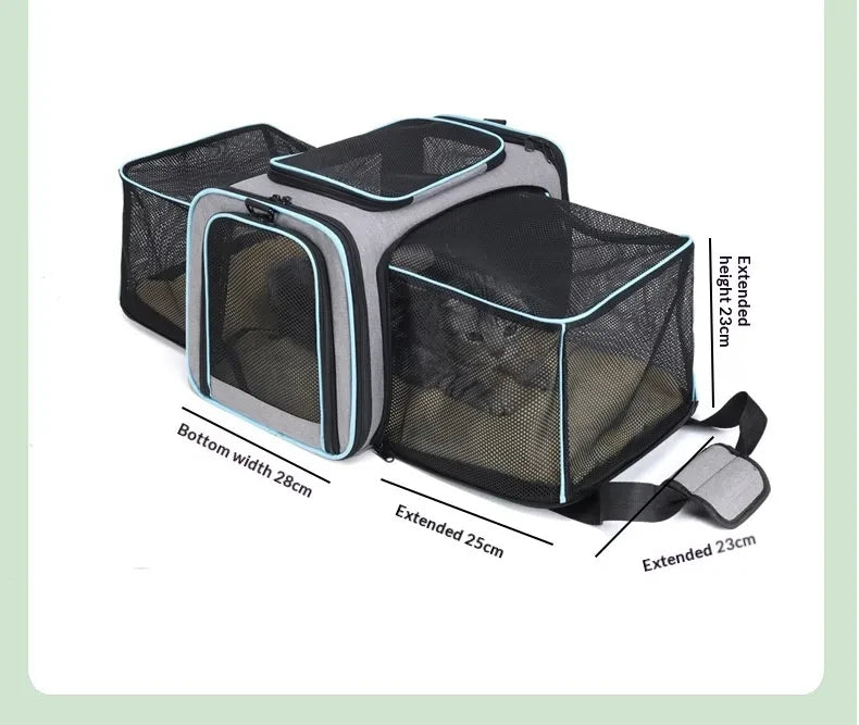 Gray and black mesh pet carrier with dimension labels showing extended width, height, and bottom width on a white background with a pale green border.