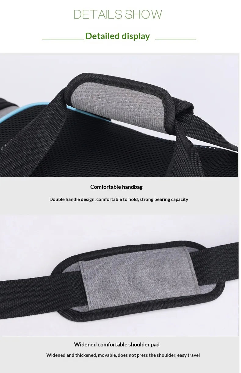 Close-up product detail showing a black bag handle with a gray padded grip and a wide black shoulder strap with a gray padded section, with text describing the handle and shoulder pad features.