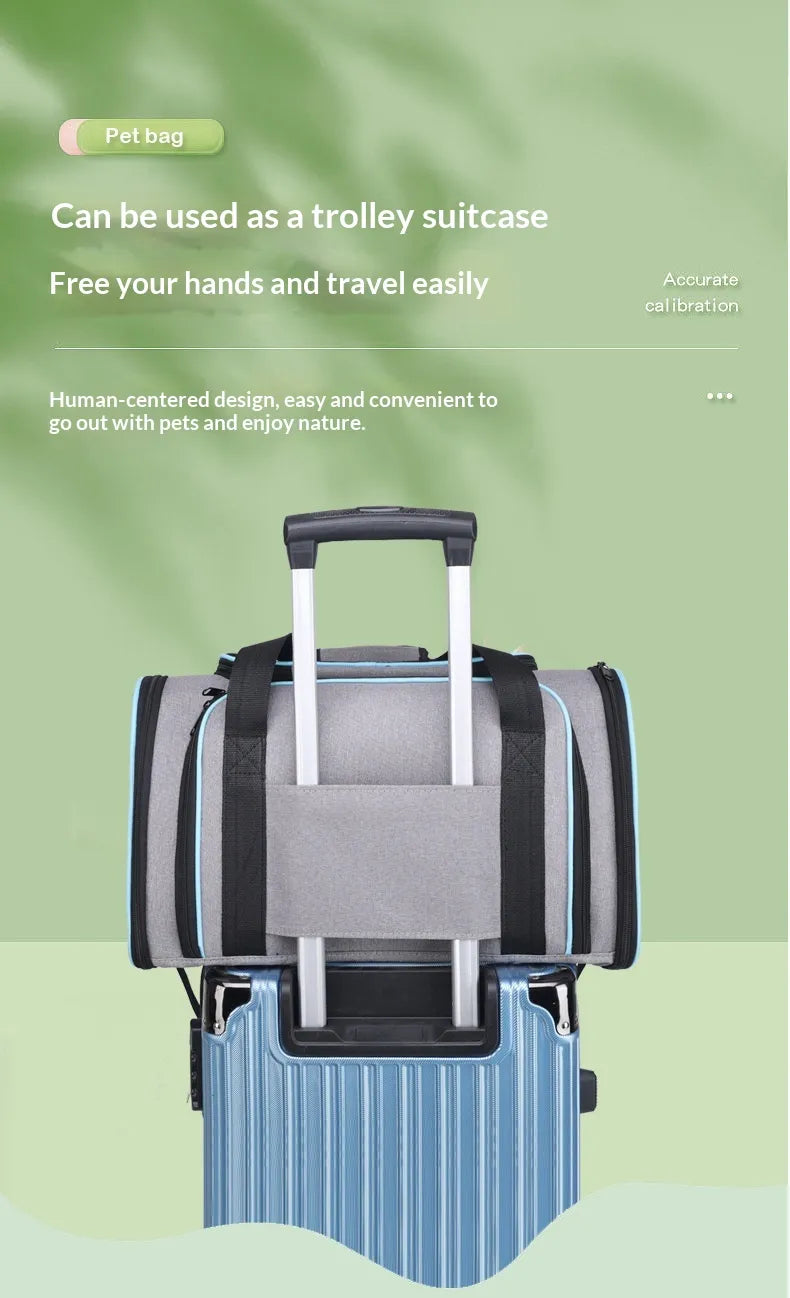 A pet travel bag in gray and black shown attached to a blue rolling suitcase, with promotional text on a soft green background.