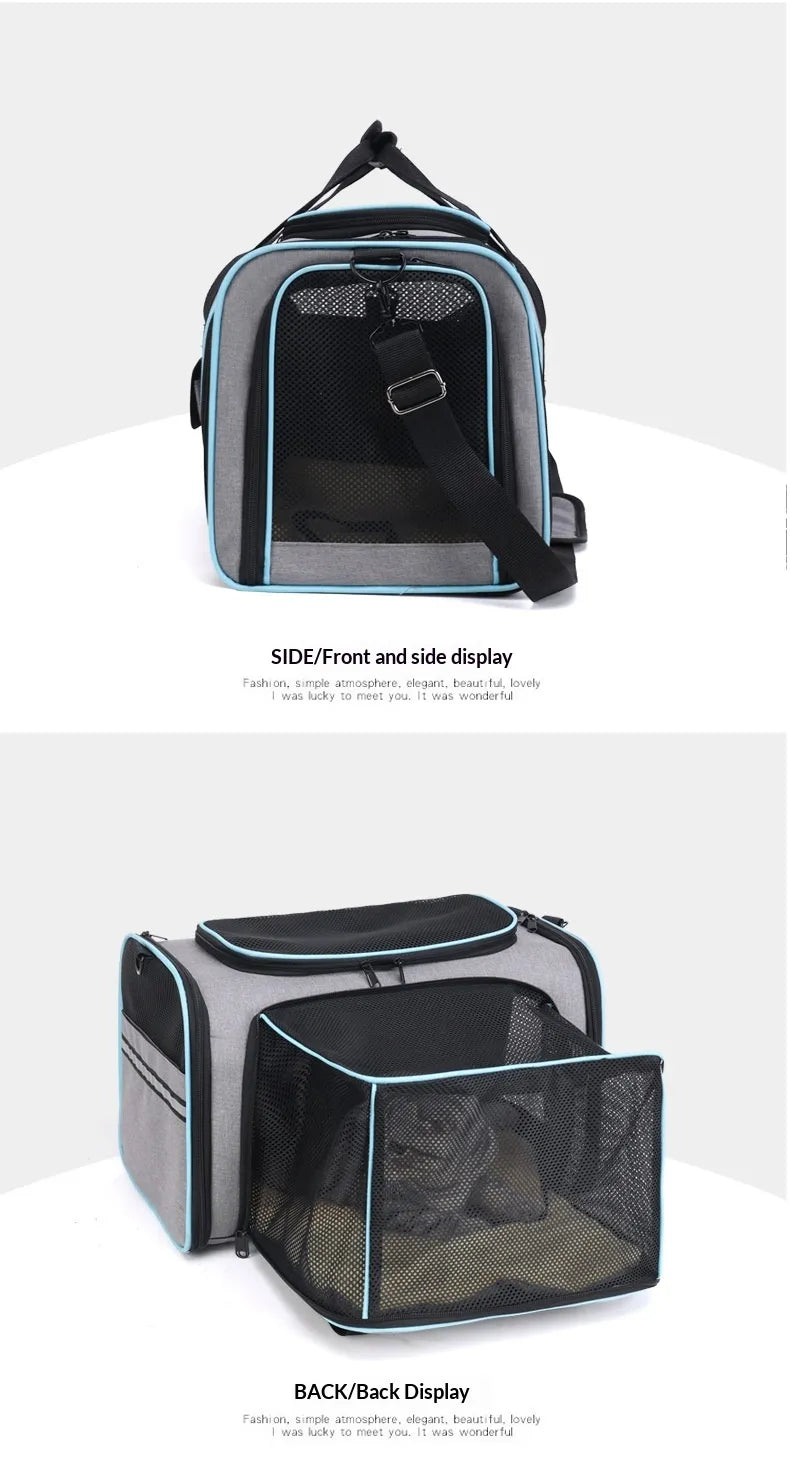 A pet carrier backpack shown in two views: side/front and back/display. The carrier has a gray and black body with light blue piping and mesh windows, and a cat is visible inside the lower back view.