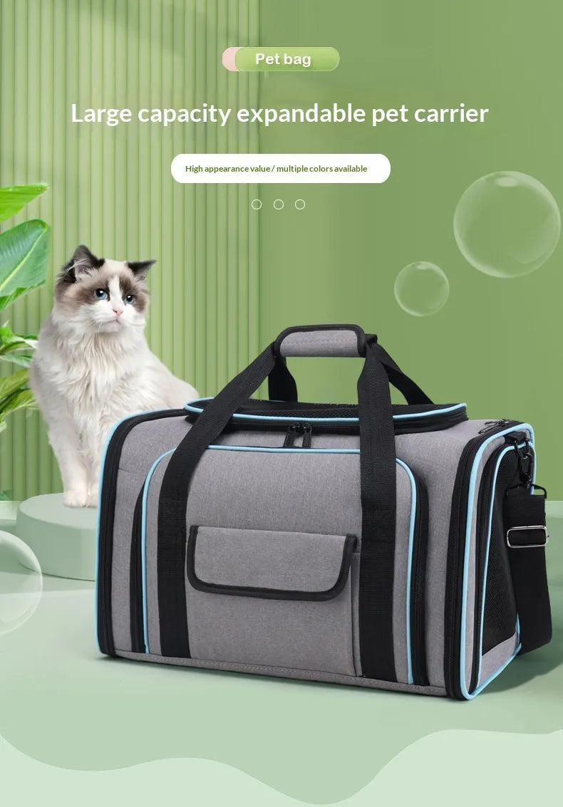 A gray expandable pet carrier bag with black handles and trim, shown in front of a green background with a fluffy cat sitting on the left. White text at the top reads 'Pet bag' and 'Large capacity expandable pet carrier'.