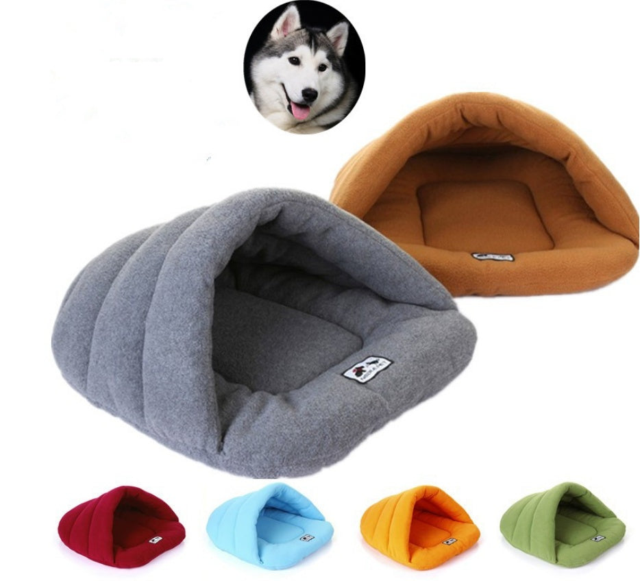 Pet bed in various colors with a small inset of a dog's face.