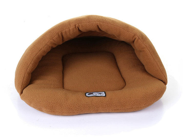 Brown pet bed with a visible brand label on a white background
